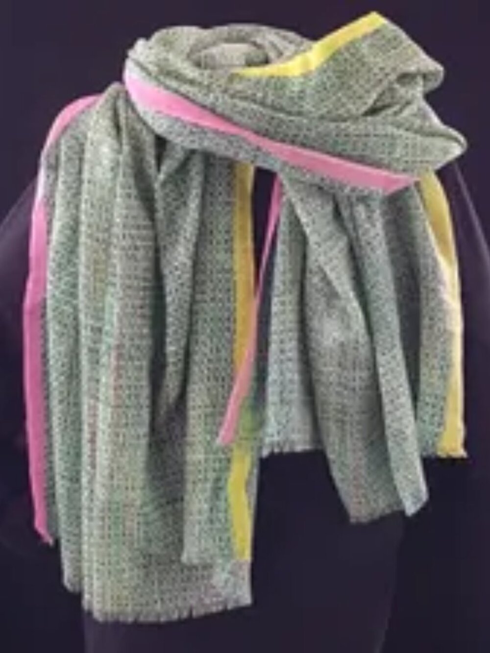 100% Cashmere Wrap Shawl Plaid Pink Yellow Trim Oversized Scarf 29x78